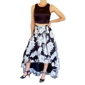 Sequin Hearts black white floral two piece formal gown high low skirt set size 5
